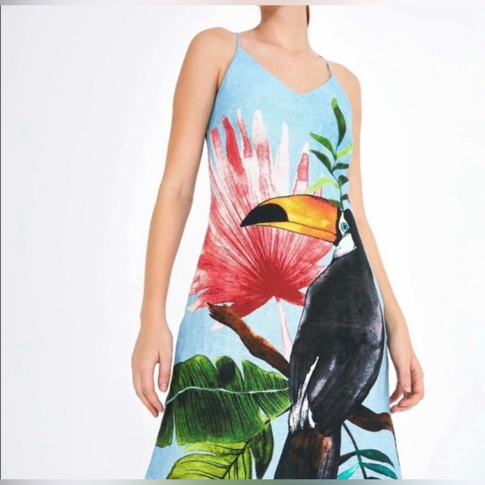 FARM Rio Linen Tropical Toucan Midi Dress Size M